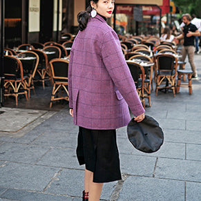 Luxus lila karierte Mäntel lässig gekerbter Wollmantel Neuer offener Mantel mit Taschen auf der Rückseite