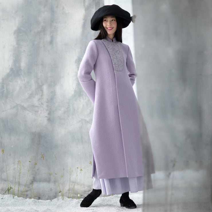Luxury purple Woolen Coats trendy plus size side open long winter coat embroidery outwear