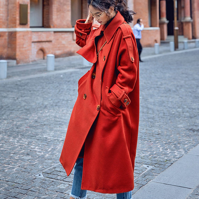 Luxuriöser roter Wintermantel plus Größe Gekerbte Tunika Mantel mit feinen Taschen und Bindegürtel