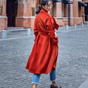 Luxuriöser roter Wintermantel plus Größe Gekerbte Tunika Mantel mit feinen Taschen und Bindegürtel