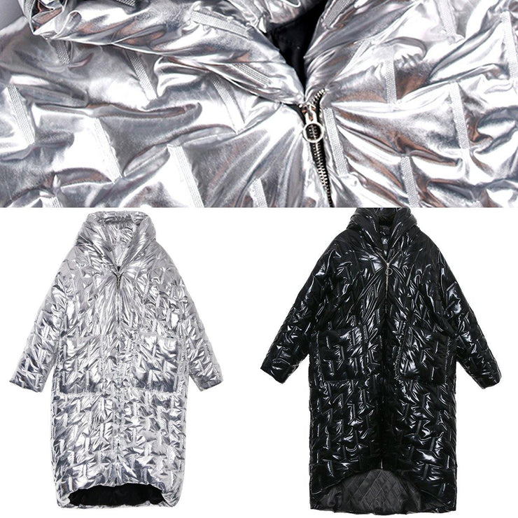 Luxury silver Parkas for women Loose fitting hooded zippered coats - SooLinen