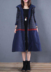 Luxury trendy plus size maxi coat fall blue hooded patchwork Coat - SooLinen