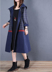 Luxury trendy plus size maxi coat fall blue hooded patchwork Coat - SooLinen