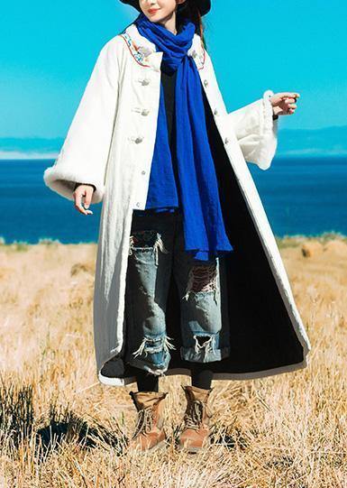 Luxury white winter coats Loose fitting warm winter coat embroidery faux fur collar outwear - SooLinen