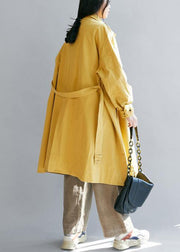 Luxury yellow womens coats Loose fitting winter jacket stand collar tie waist winter outwear - SooLinen