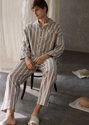 Man Peter Pan Collar Striped Button Cotton Pajamas Two Pieces Set Long Sleeve