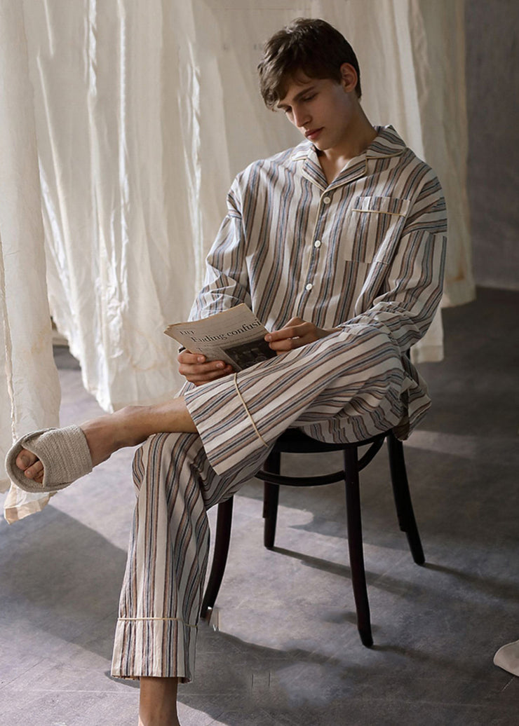 Man Peter Pan Collar Striped Button Cotton Pajamas Two Pieces Set Long Sleeve