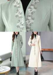 Mint Green Embroidered Floral Woolen Maxi Trench Coat Long Sleeve