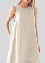 Modern Apricot O Neck Pockets Patchwork Cotton Dress Sleeveless