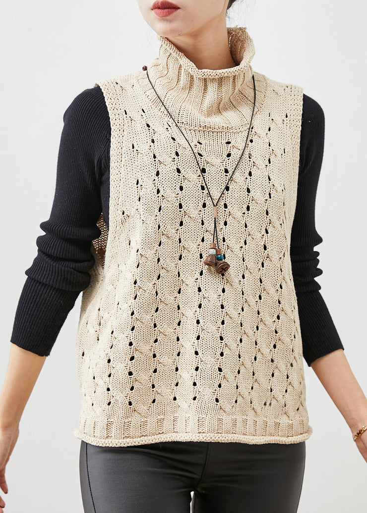 Modern Apricot Turtle Neck Hollow Out Knit Vests Spring