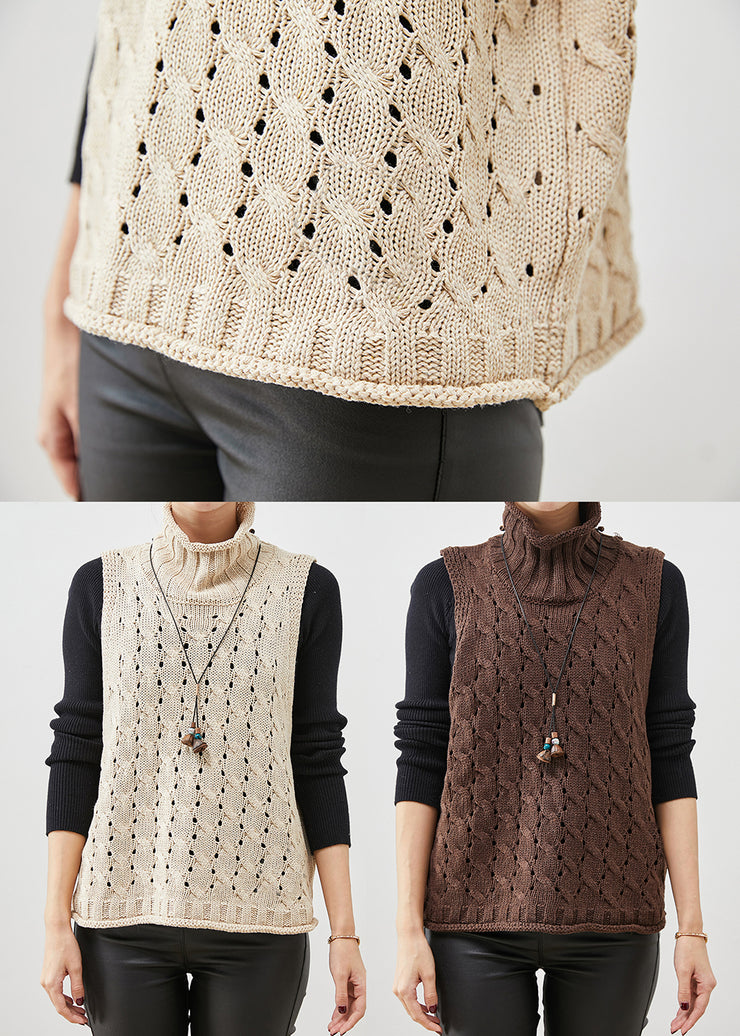 Modern Apricot Turtle Neck Hollow Out Knit Vests Spring