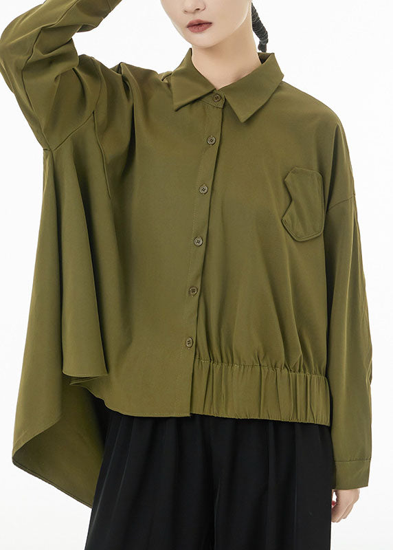 Modern Army Green Asymmetrical Design Cotton Blouses Spring