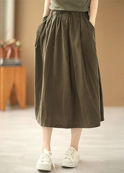 Modern Army Green Elastic Waist Wrinkled Pockets Cotton Skirt Summer