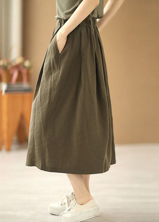 Modern Army Green Elastic Waist Wrinkled Pockets Cotton Skirt Summer