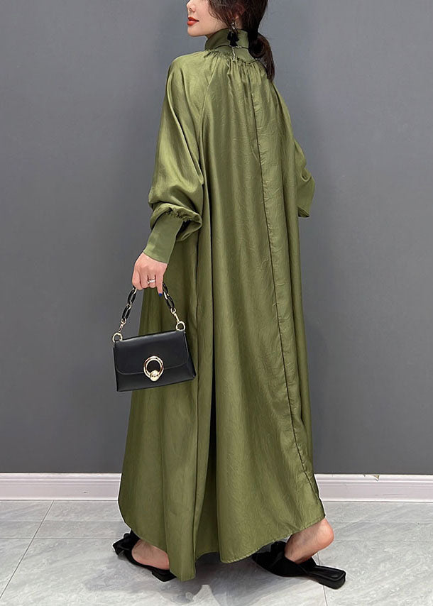 Modern Army Green High Neck Oversized Solid Color Silk Dress Fall