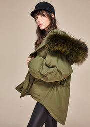 Modern Army Green Hooded Faux Fur Collar Duck Down Puffer Jacket Winter