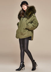 Modern Army Green Hooded Faux Fur Collar Duck Down Puffer Jacket Winter