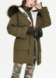 Modern Army Green Fur collar Pockets tie waist Winter Duck Down Puffer Coat
