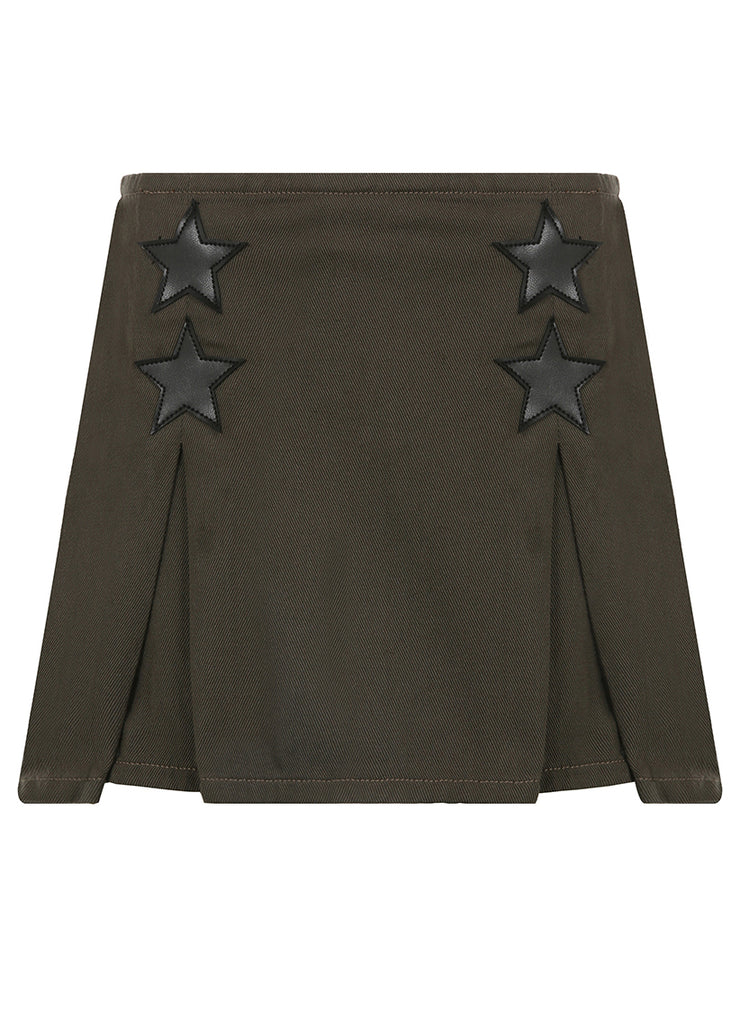 Modern Army Green Zippered High Waist Patchwork Denim Skirts Fall