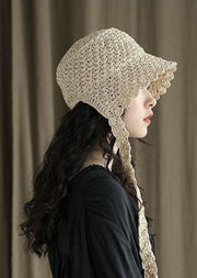 Modern Beige Lace Up Straw Woven Bucket Hat