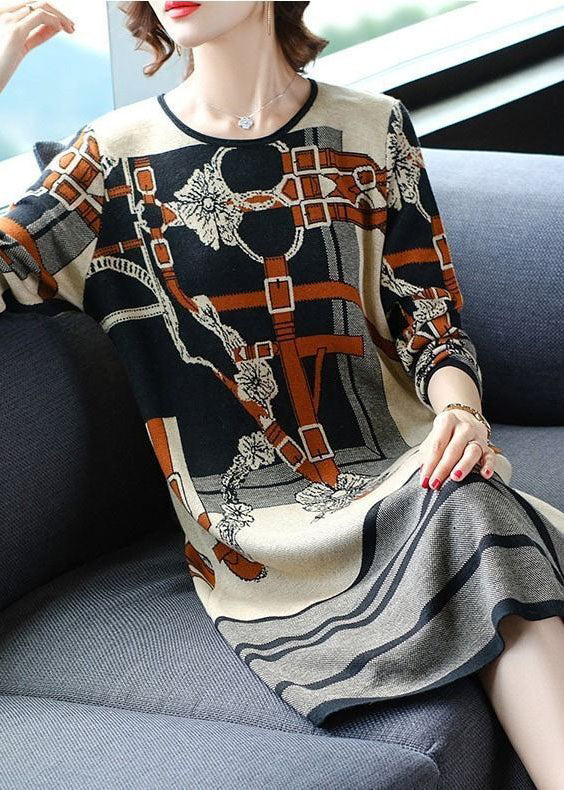 Modern Beige O-Neck Print Knit Sweater Dress Long Sleeve