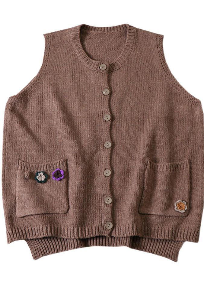 Modern Beige Pockets Button Fall Floral Knit Vest - SooLinen