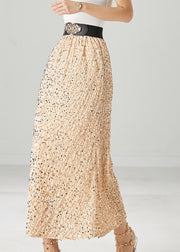 Modern Beige Sequins Elastic Waist Silk Velour Skirt Fall