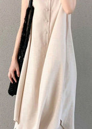 Modern Beige Stand Collar Patchwork Linen Dresses Sleeveless