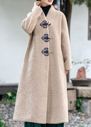 Modern Beige V Neck Embroidered Thick Teddy Faux Fur Lengthen Coats Winter