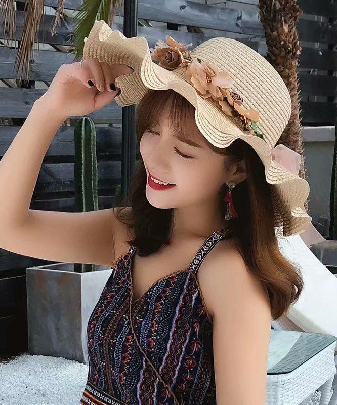 Modern Beige Wave Brim Applique Knit Beach Floppy Sun Hat