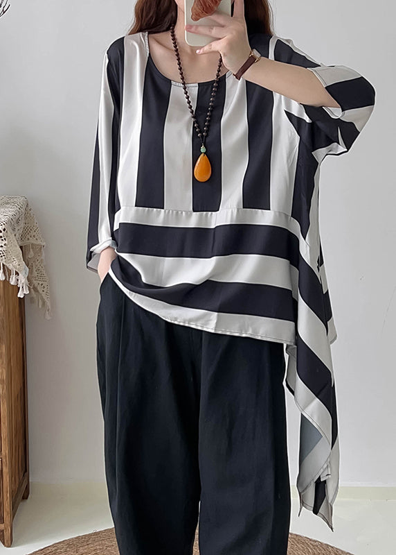 Modern Black Asymmetrical Oversized Striped Tops Summer