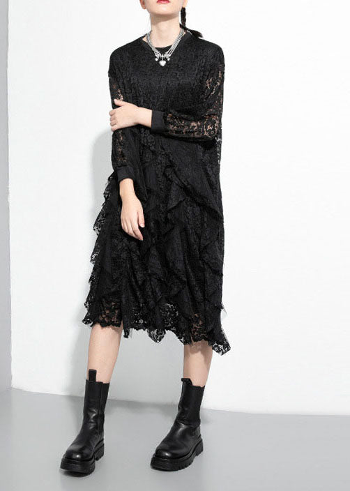 Modern Black Asymmetrical Patchwork Lace Maxi Dresses Spring