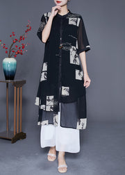 Modern Black Asymmetrical Patchwork Print Chiffon Shirt Dress Summer