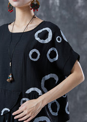 Modern Black Asymmetrical Print Linen Silk Two Pieces Set Summer