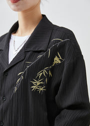 Modern Black Branch Embroidered Cotton Shirt Fall