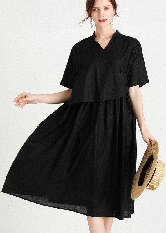 Modern Black Cinched Patchwork Cotton Dresses Short Sleeve