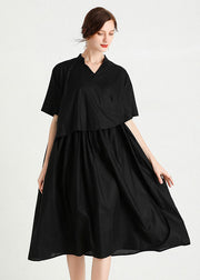 Modern Black Cinched Patchwork Cotton Dresses Short Sleeve