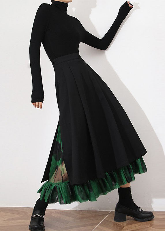 Modern Black Cinched Patchwork side open Skirt Spring