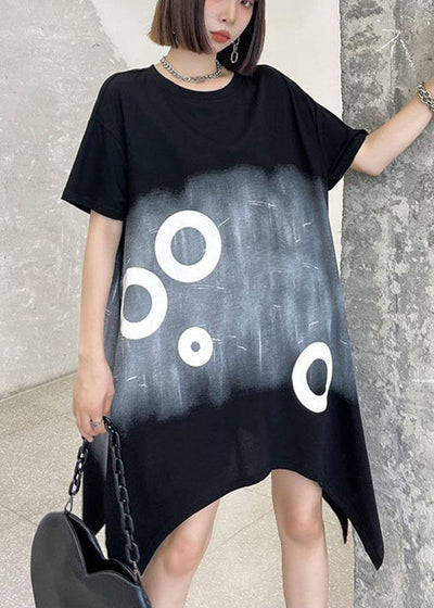 Modern Black Circle Asymmetric Cotton Dresses Short Sleeve - SooLinen