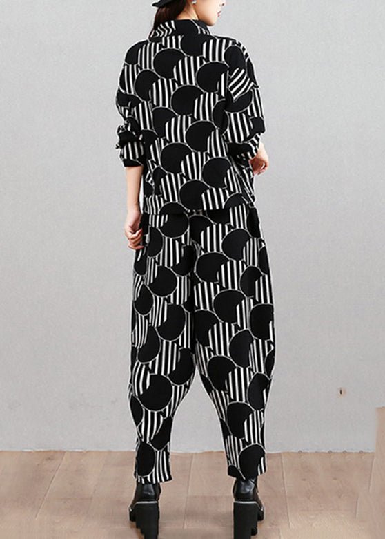 Modern Black Dot Print Top And Beam Pants Two Pieces Set Long Sleeve
