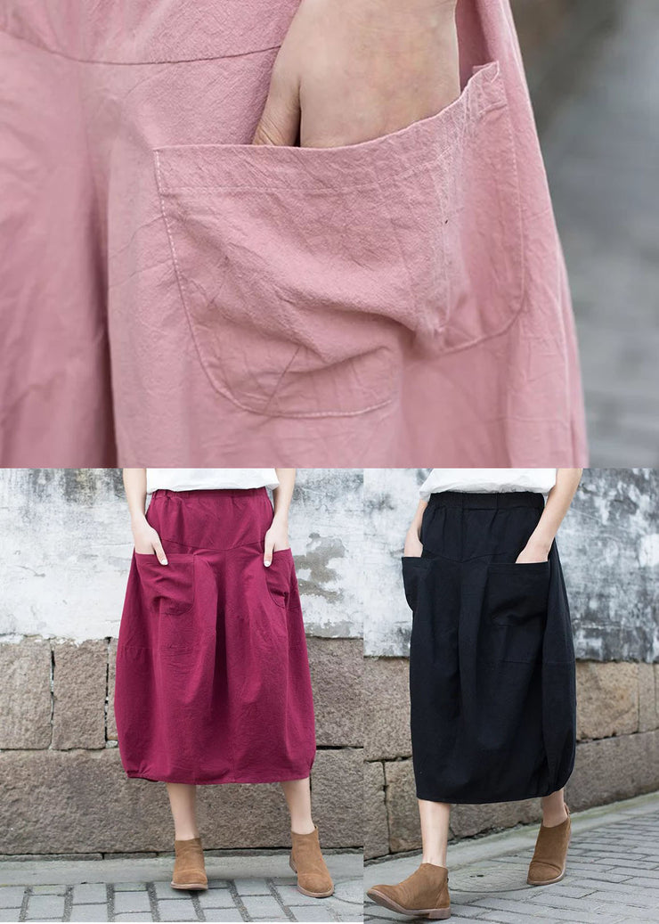 Modern Black Elastic Waist Patchwork Linen A Line Skirt Fall