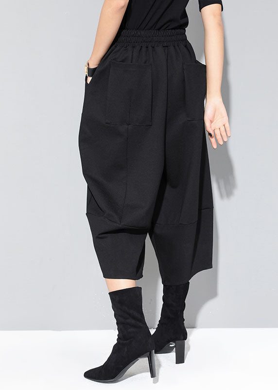 Moderne, schwarze, elastische Taillen-Patchwork-Taschen, lässige Herbsthose mit weitem Bein