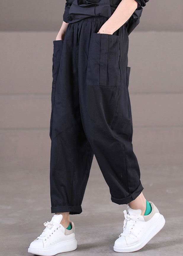 Modern Black Elastic Waist Pockets Patchwork Cotton Harem Pants Summer