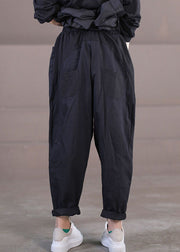 Modern Black Elastic Waist Pockets Patchwork Cotton Harem Pants Summer