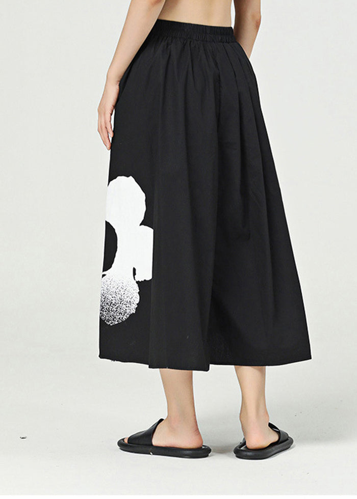 Modern Black Elastic Waist Print Pockets Cotton Holiday Skirt Summer