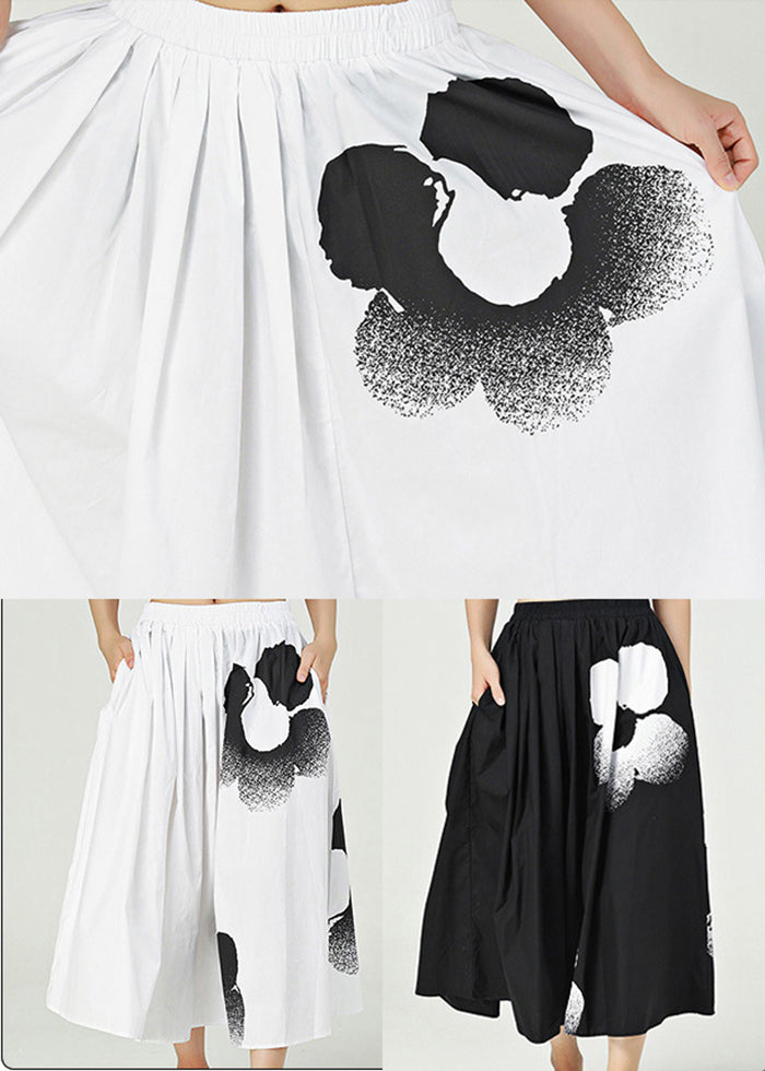Modern Black Elastic Waist Print Pockets Cotton Holiday Skirt Summer
