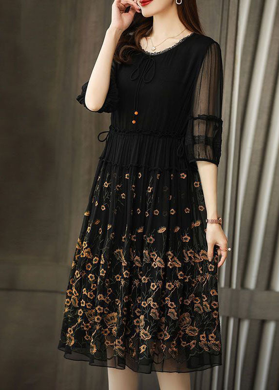 Modern Black Embroidered Chiffon Cinched Dress Summer