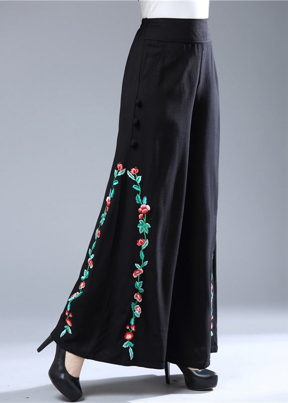 Modern Black Embroidered Floral Elastic Waist Wide Leg Pants Fall