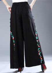 Modern Black Embroidered Floral Elastic Waist Wide Leg Pants Fall