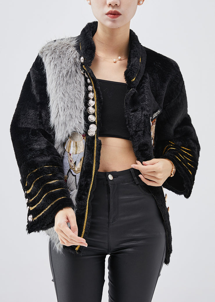 Modern Black Embroideried Patchwork Faux Fur Jackets Winter
